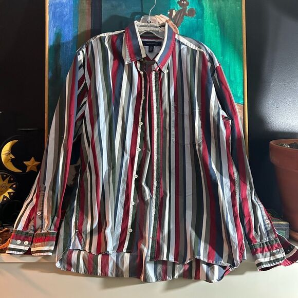 Vintage Y2K Tommy Hilfiger Red and Blue Striped Men's Shirt XL - Picture 1 of 16